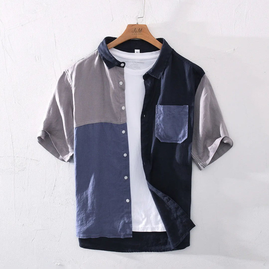 Men's Cotton Blend Shirt – Short Sleeve Panel Design – Chest Pocket