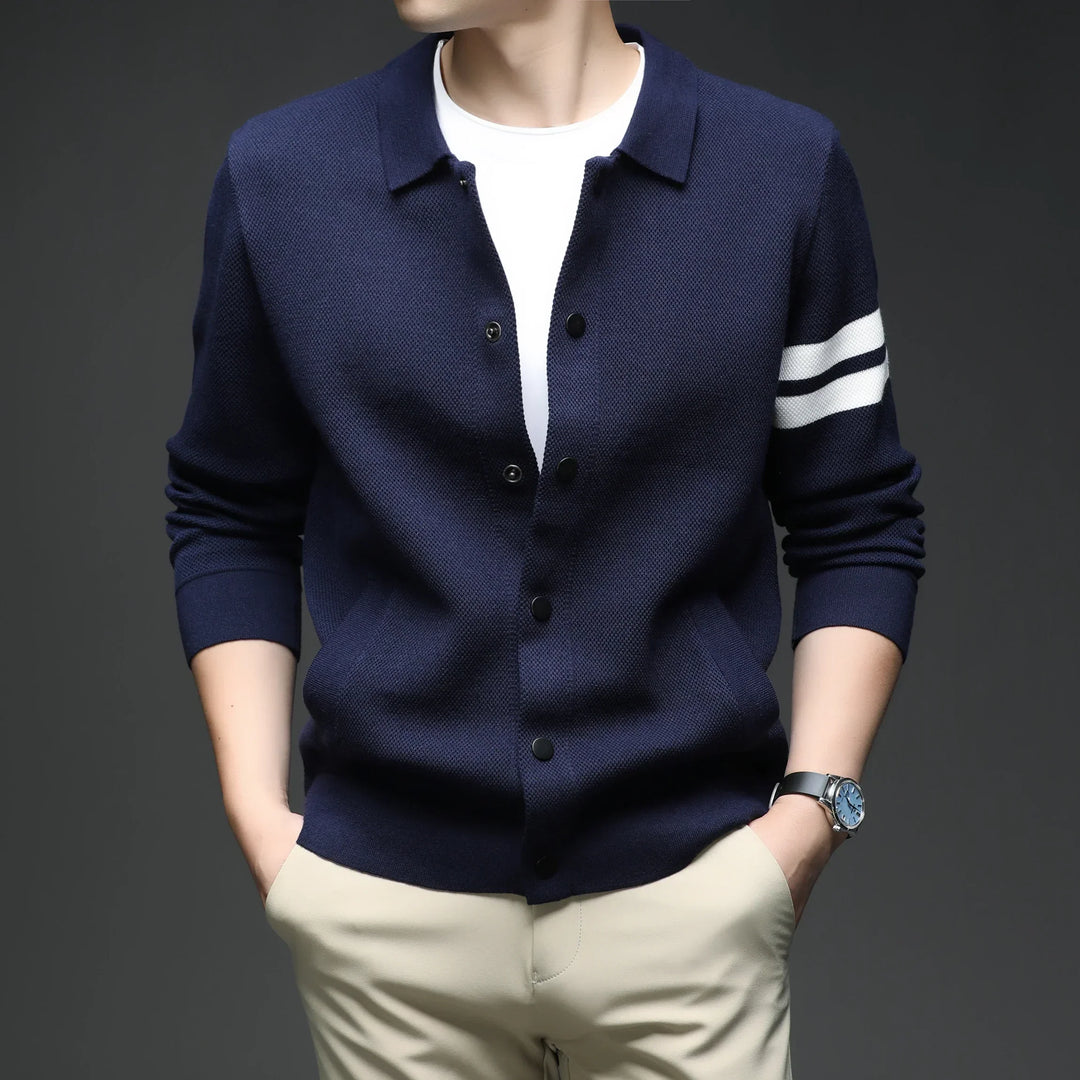 Men's Striped Cotton Knit Cardigan – Collared Button-Through – view 7