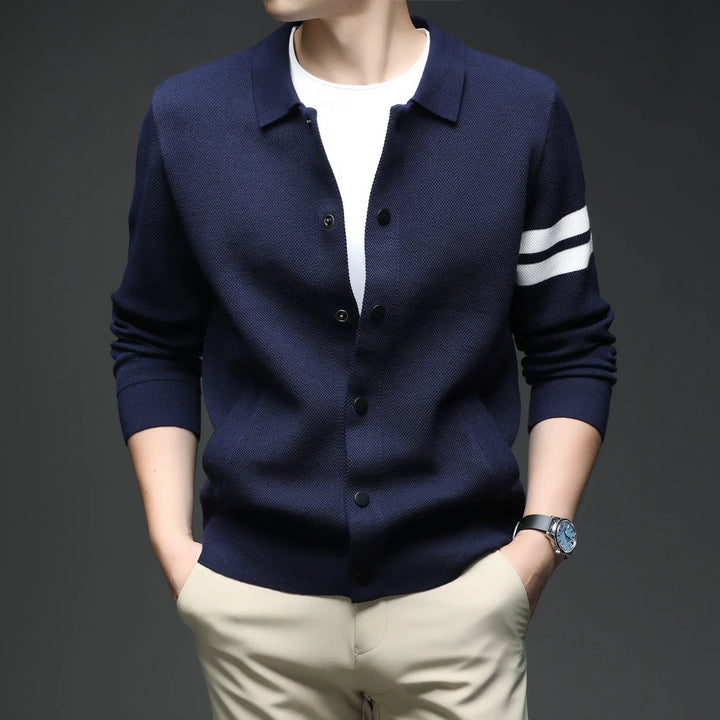 Men's Striped Cotton Knit Cardigan – Collared Button-Through – view 7