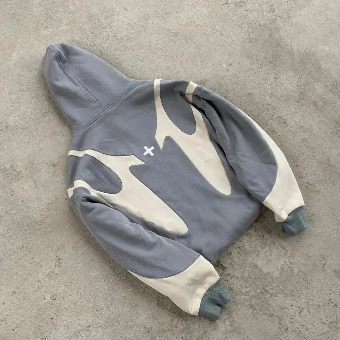 Unisex Oversized Zip-Up Hoodie – Gothic Print Cotton Blend – Grey White