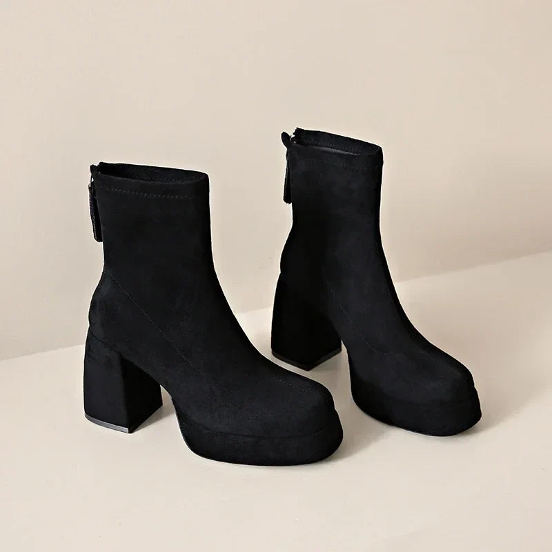 Women's Suede Heeled Ankle Booties – Block Heel, Back Zip