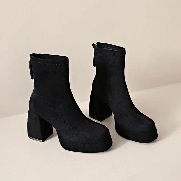 Women's Suede Heeled Ankle Booties – Block Heel, Back Zip