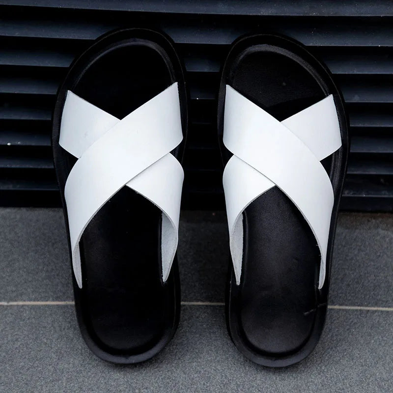 Men's Leather Slide Sandals – Cushioned Ergonomic Footbed