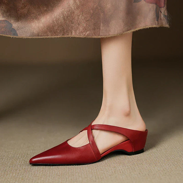 Women's Leather Cross-Strap Mules – Pointed Toe Low Heel