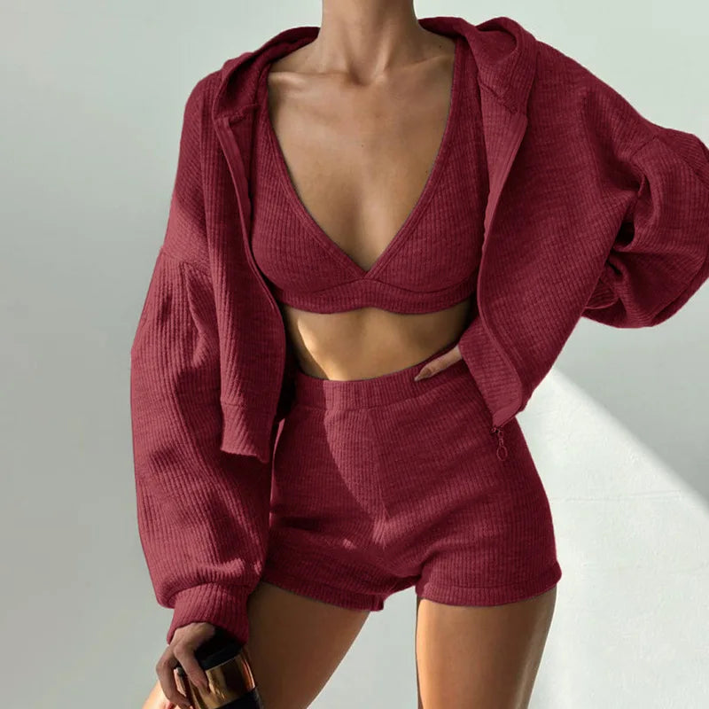 Women's Ribbed Knit Lounge Set – Ridge 3-Piece Hoodie & Shorts