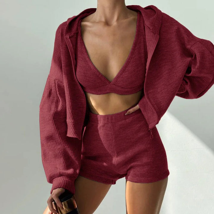 Women's Ribbed Knit Lounge Set – Ridge 3-Piece Hoodie & Shorts