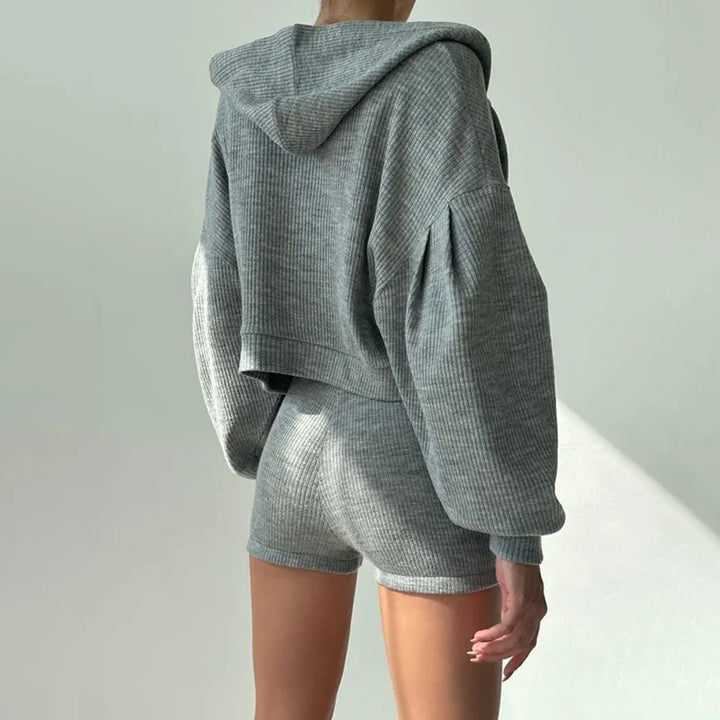 Women's Ribbed Knit Lounge Set – Ridge 3-Piece Hoodie & Shorts