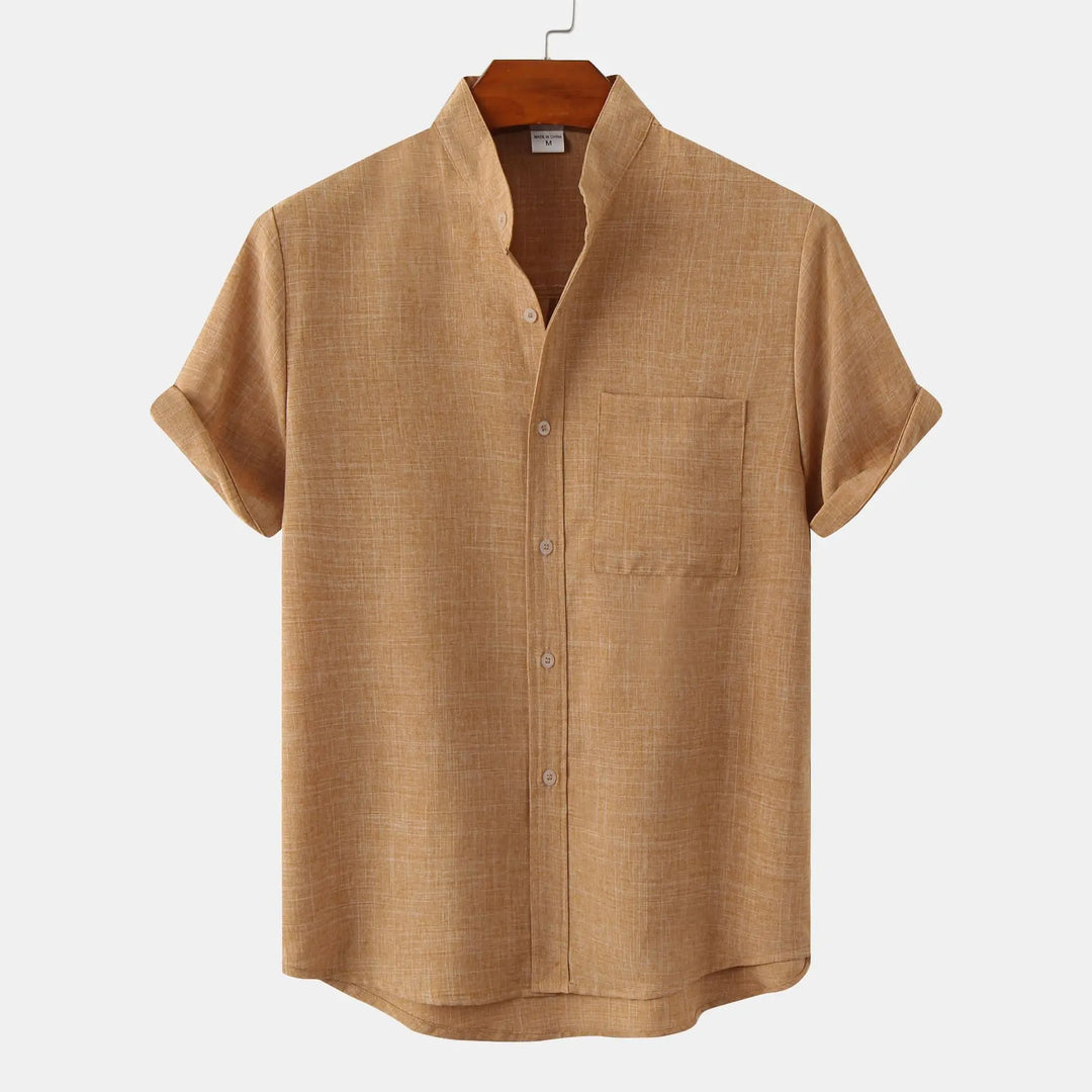 Men's Linen Blend Grandad Collar Shirt – Relaxed Summer Fit – Pine Brown