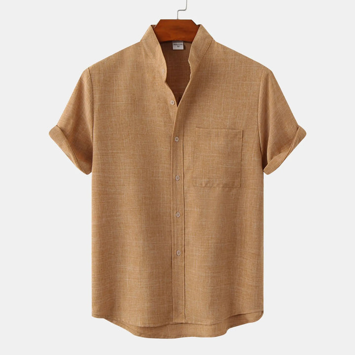 Men's Linen Blend Grandad Collar Shirt – Relaxed Summer Fit – Pine Brown