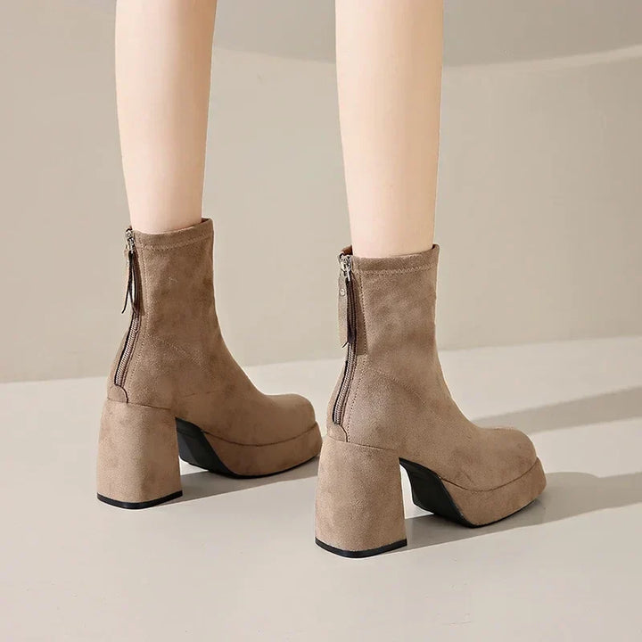 Women's Suede Heeled Ankle Booties – Block Heel, Back Zip