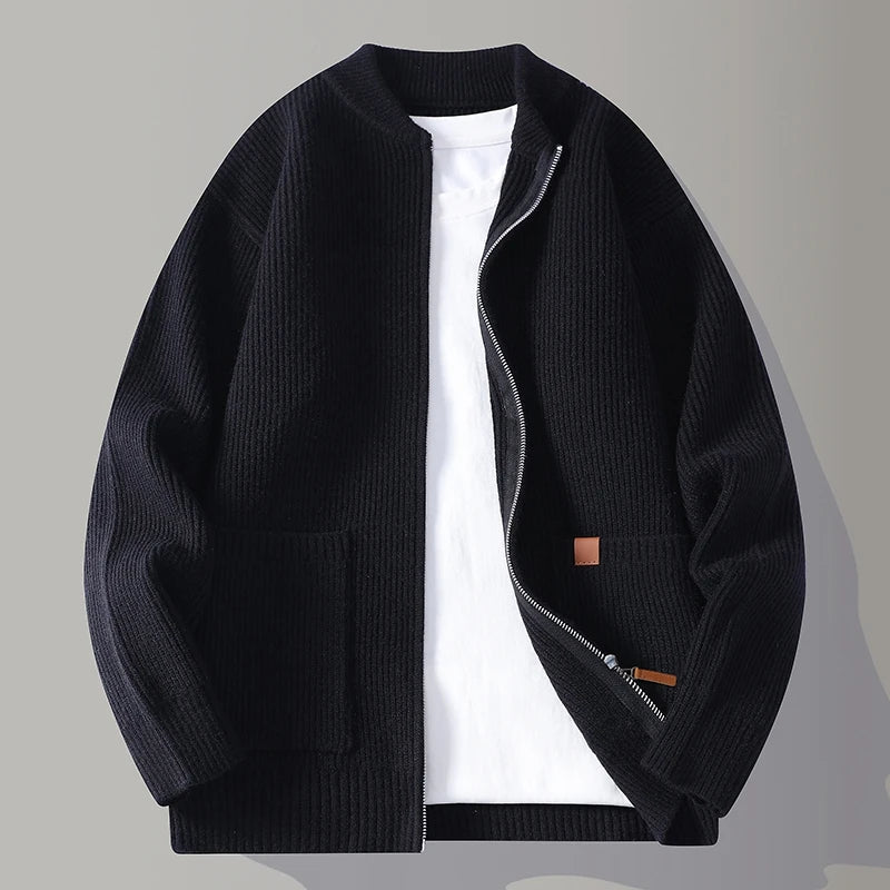 Men's Ribbed Knit Zip-Through Cardigan – Smart City Layering – Grey