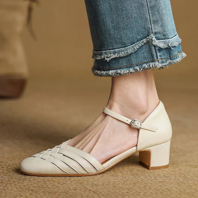 Women's Leather Block Heel Shoes - Everyday Elegance