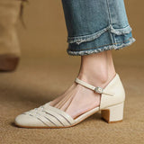 Women's Leather Block Heel Shoes - Everyday Elegance