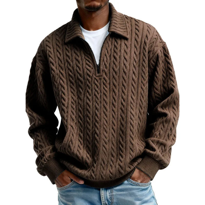 Men's Cable-Knit Quarter-Zip Jumper – Spread Collar Knitwear – Espresso