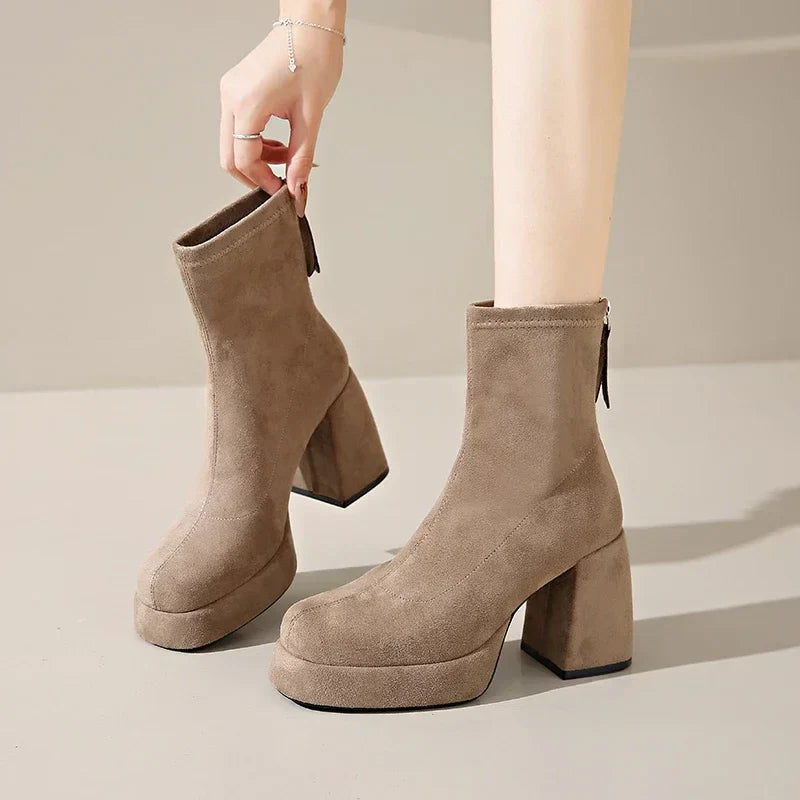 Women's Suede Heeled Ankle Booties – Block Heel, Back Zip