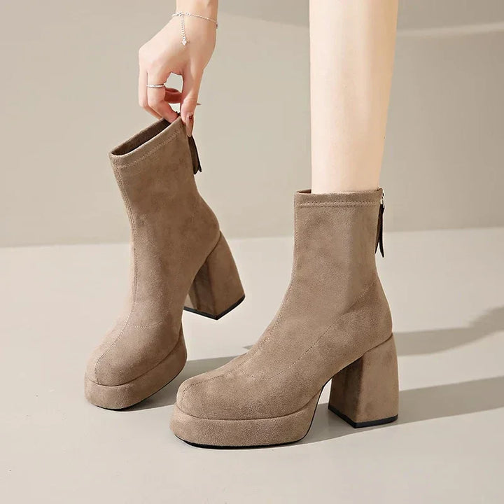 Women's Suede Heeled Ankle Booties – Block Heel, Back Zip