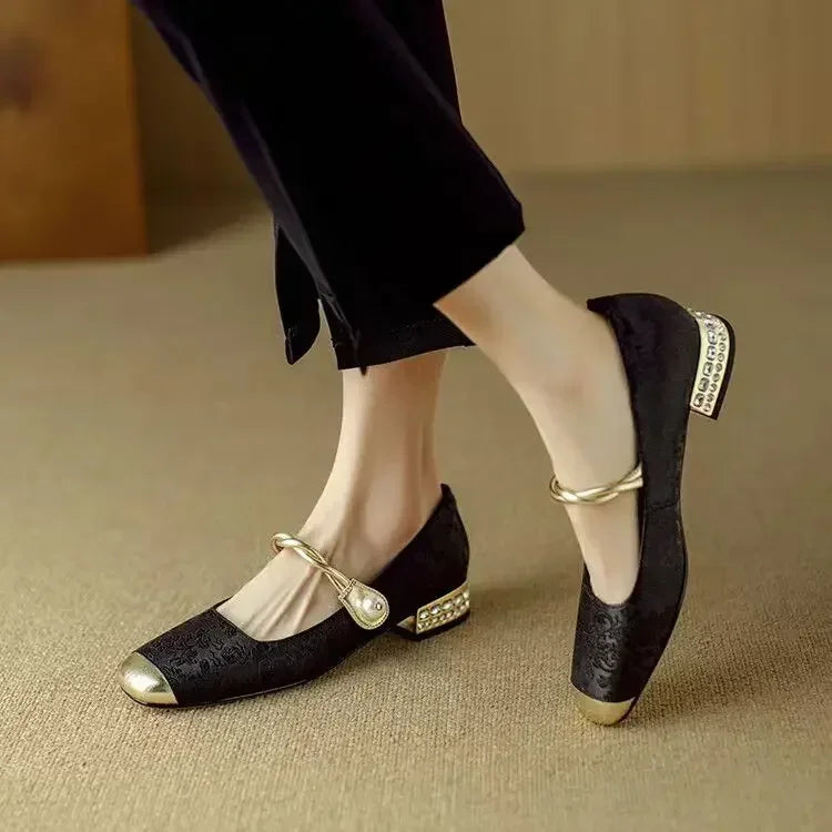 Women's Pearl Strap Pumps – Verona Embellished Low Heel Shoes