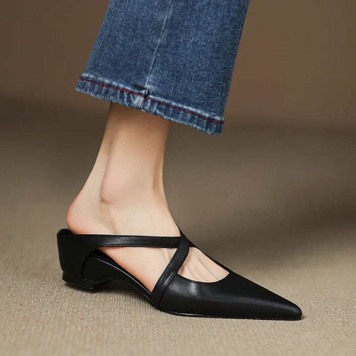 Women's Leather Cross-Strap Mules – Pointed Toe Low Heel
