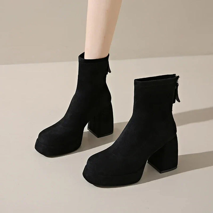 Women's Suede Heeled Ankle Booties – Block Heel, Back Zip