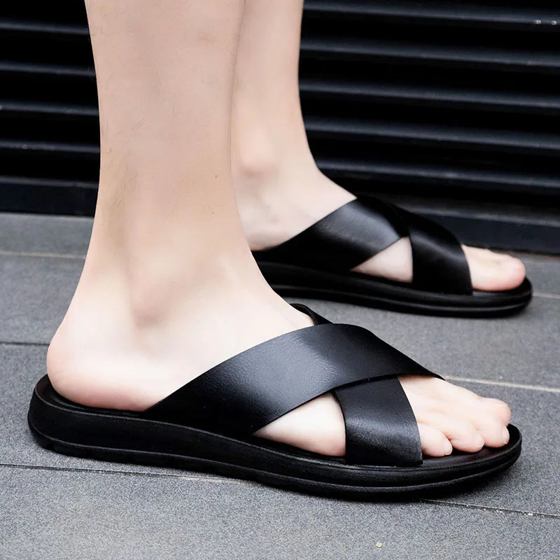 Men's Leather Slide Sandals – Cushioned Ergonomic Footbed