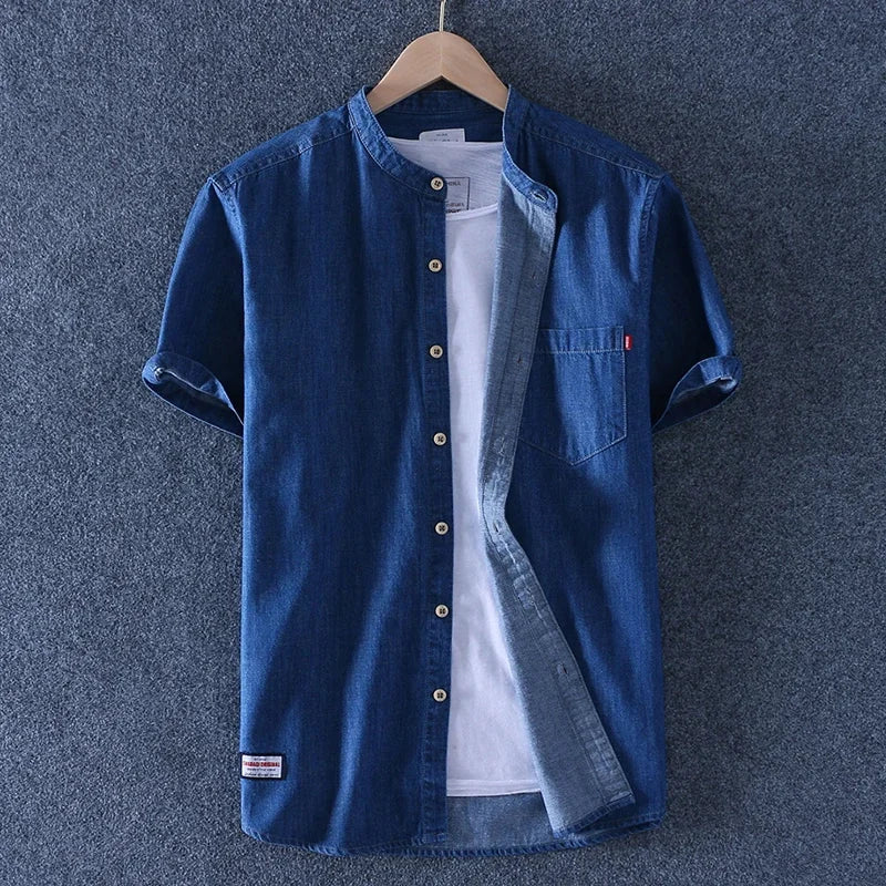 Men's Lightweight Denim Shirt – Short Sleeve Grandad Collar – view 2