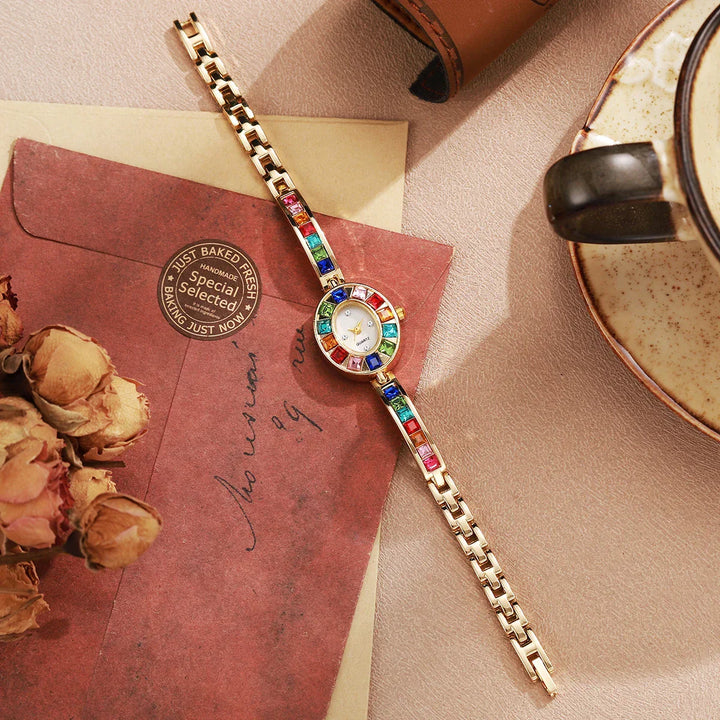 Women's Gold-Tone Crystal Watch – Rainbow Gems, Slim Oval Dial