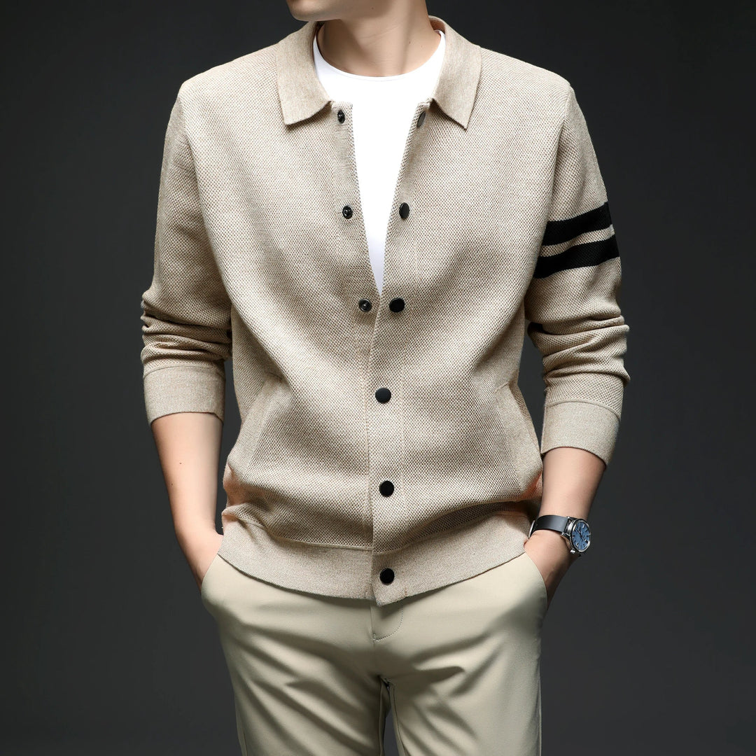 Men's Striped Cotton Knit Cardigan – Collared Button-Through – view 2