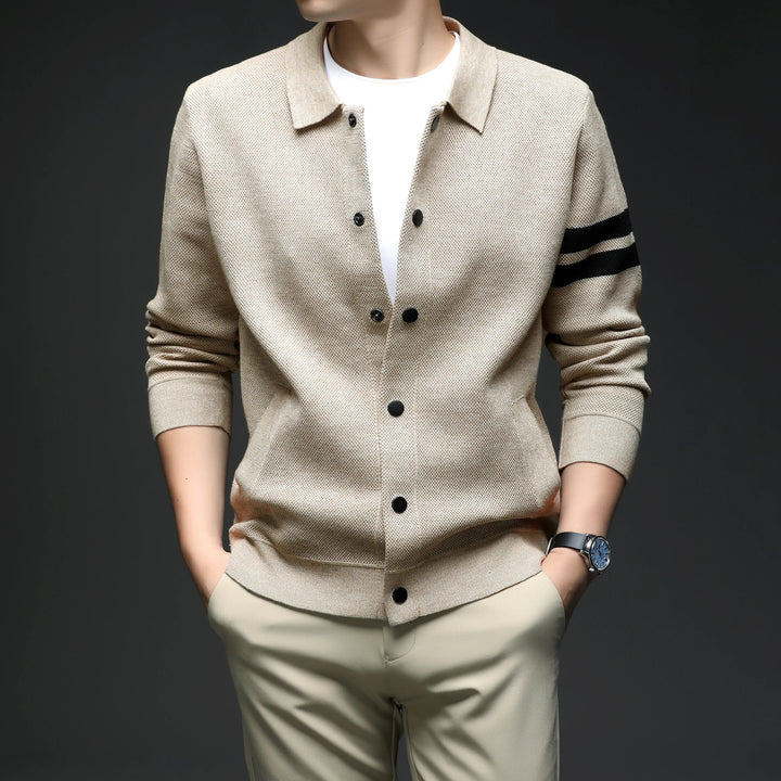 Men's Striped Cotton Knit Cardigan – Collared Button-Through – view 2