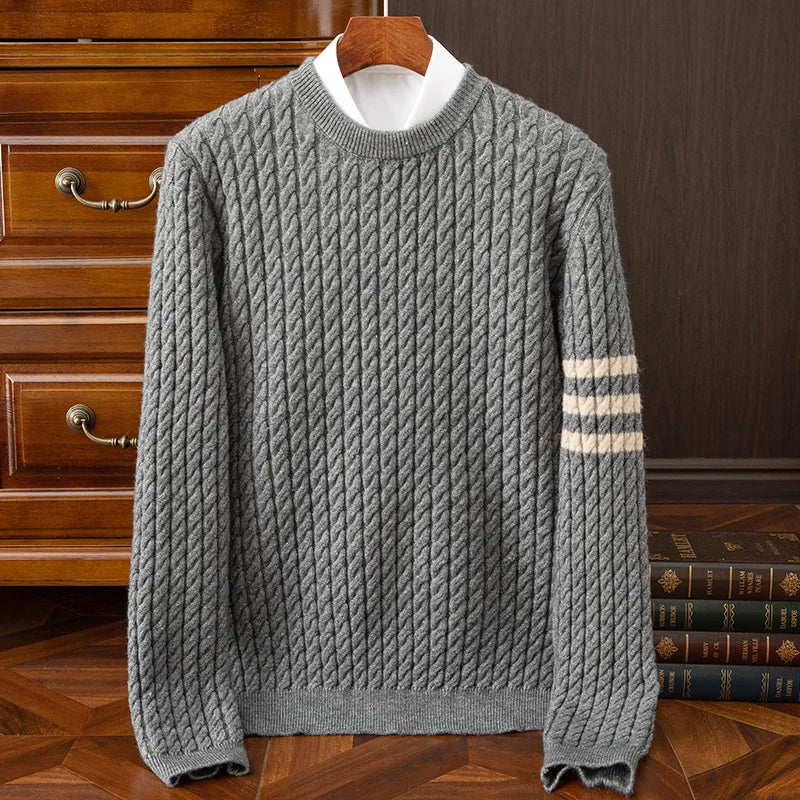 Men's Wool Blend Crew Neck Jumper – Tri-Stripe Twisted Knit – view 3
