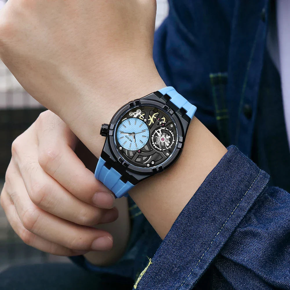Men's Skeleton Quartz Watch 45mm – Exposed-Dial Silicone Strap – Hyper Blue