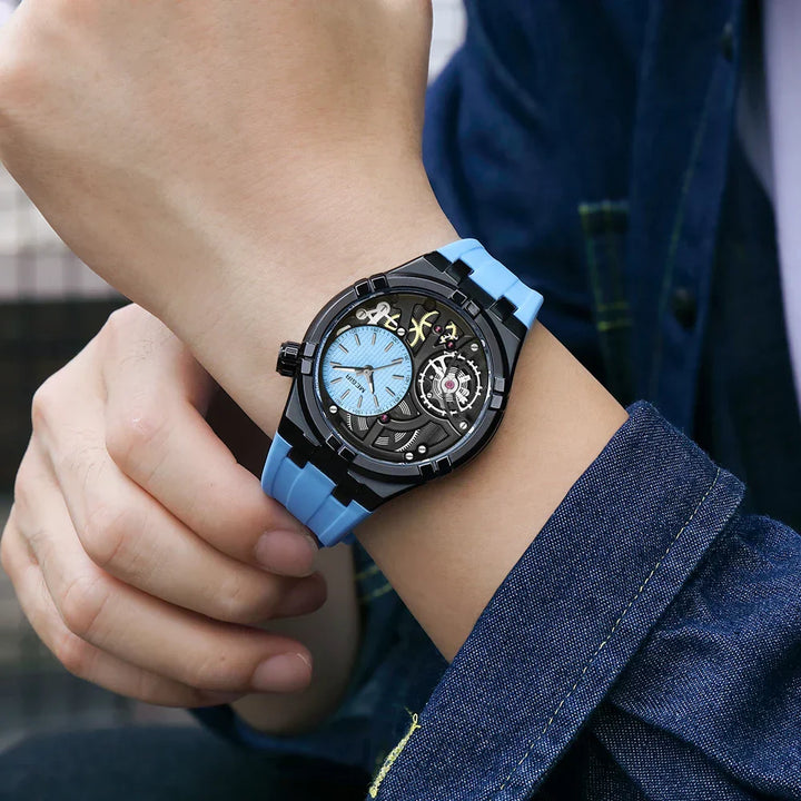 Men's Skeleton Quartz Watch 45mm – Exposed-Dial Silicone Strap – Hyper Blue