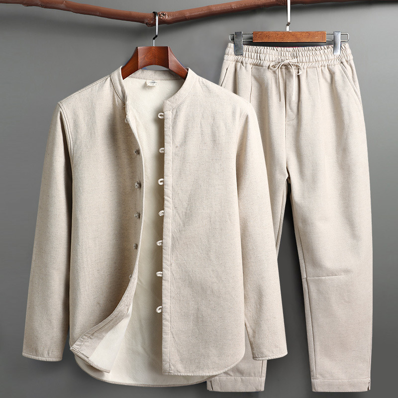 Men's Linen Lounge Set – Mandarin Collar Two-Piece Summer Co-ord