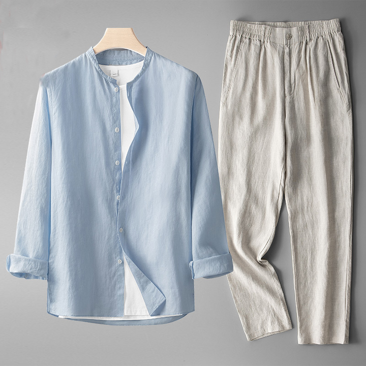 Gianni Men's Linen Co-ord Set – Band Collar Shirt & Trousers – Sky Blue