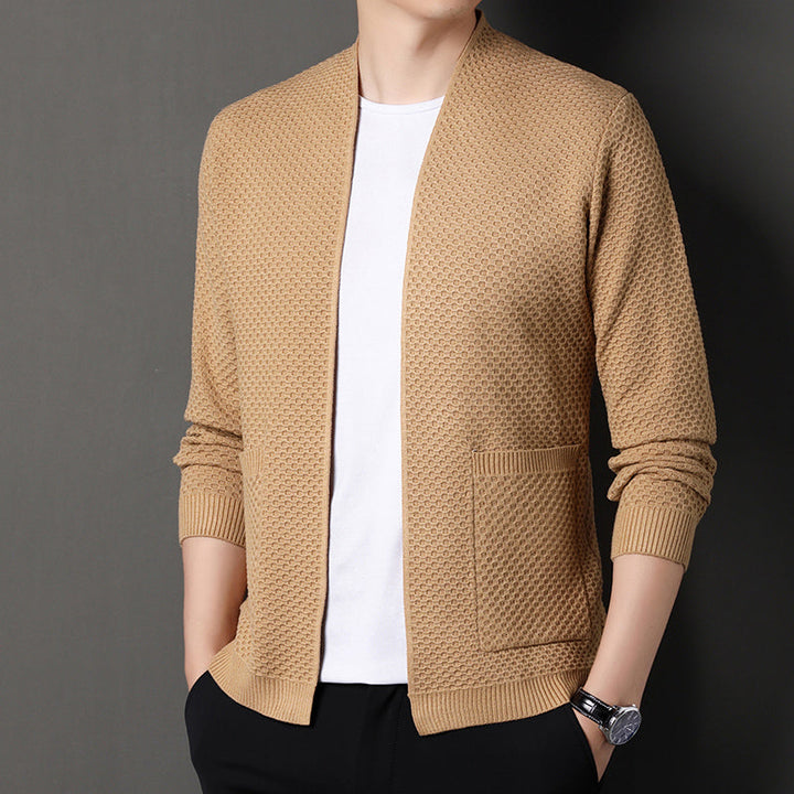 Men's Wool Blend Knit Cardigan – Textured Open-Front Layer