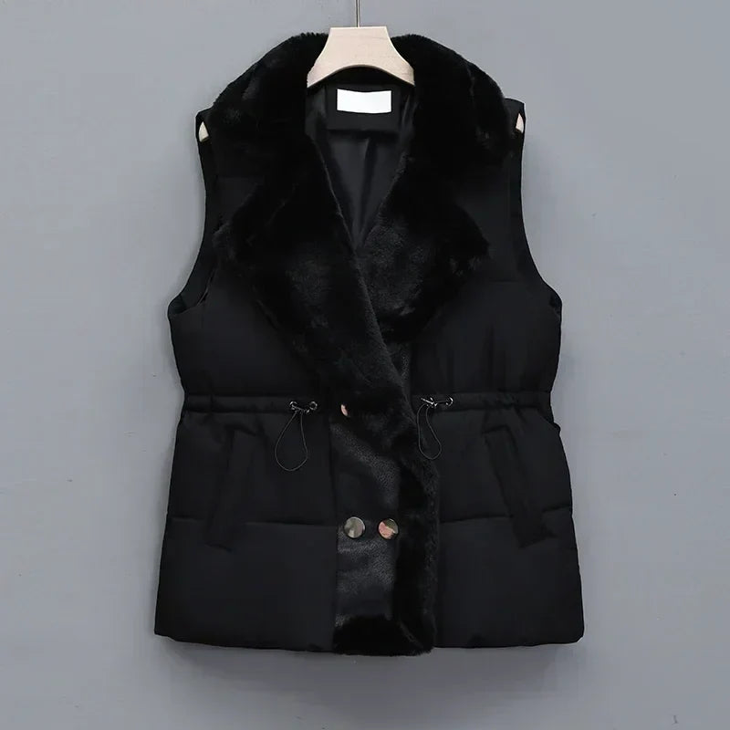 Women's Padded Gilet with Faux Fur Collar – Winter Layering – White