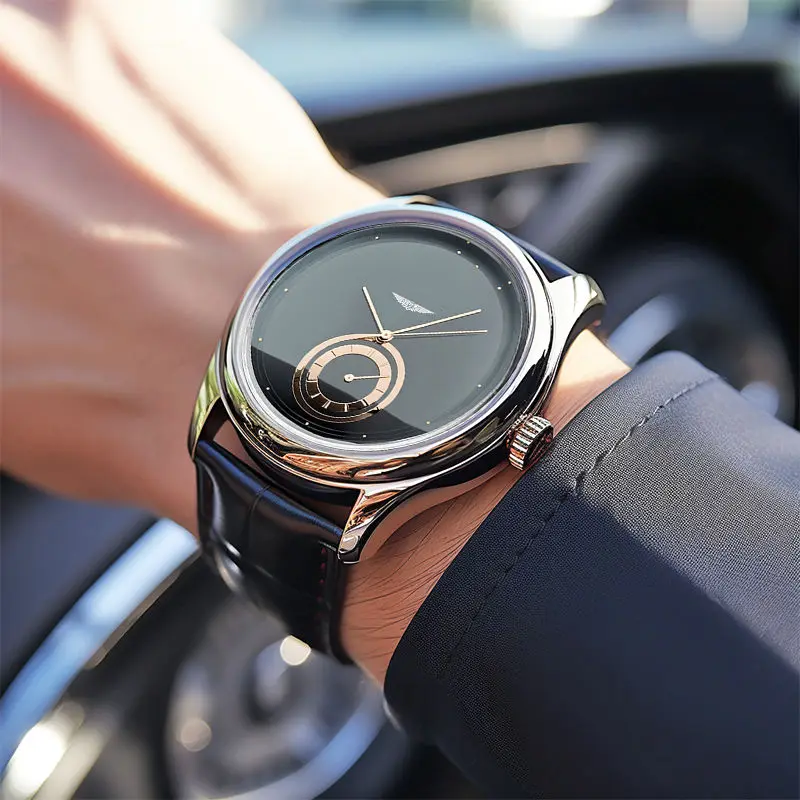 Men's Leather Strap Watch – Rose Gold Detail Quartz Dial – view 4