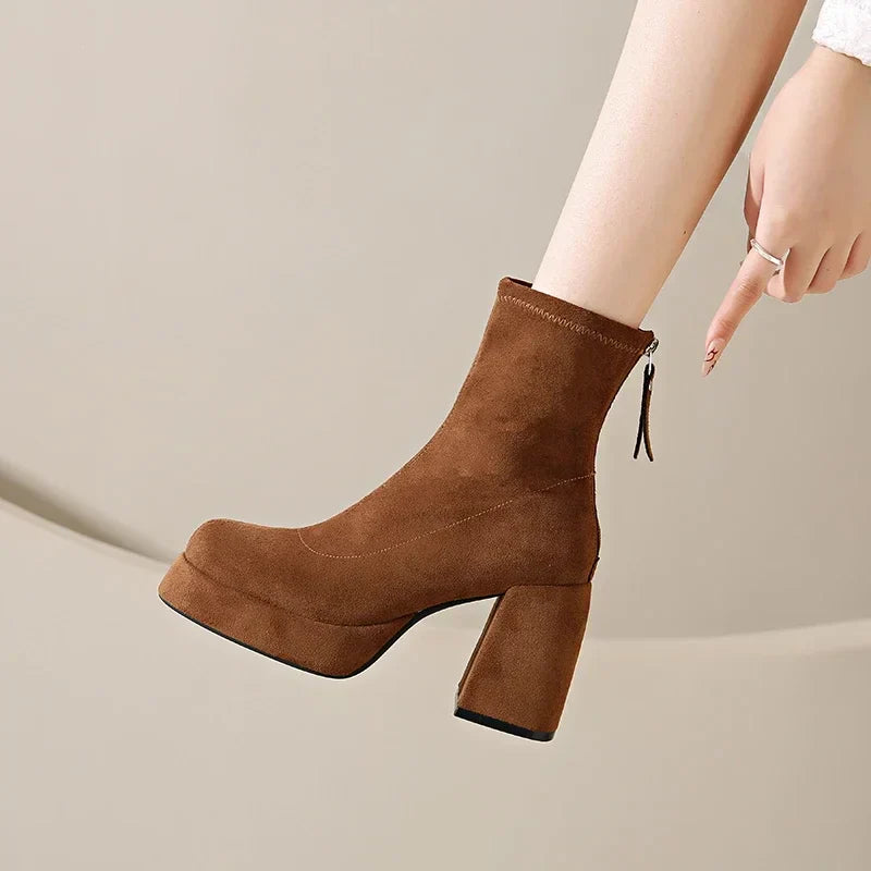 Women's Suede Heeled Ankle Booties – Block Heel, Back Zip