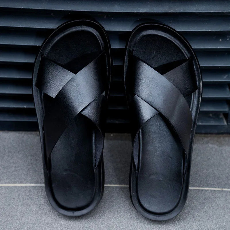 Men's Leather Slide Sandals – Cushioned Ergonomic Footbed