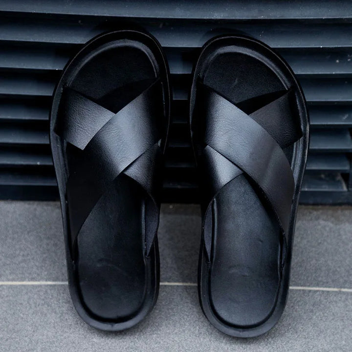 Men's Leather Slide Sandals – Cushioned Ergonomic Footbed