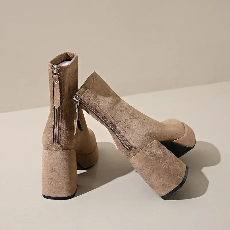 Women's Suede Heeled Ankle Booties – Block Heel, Back Zip