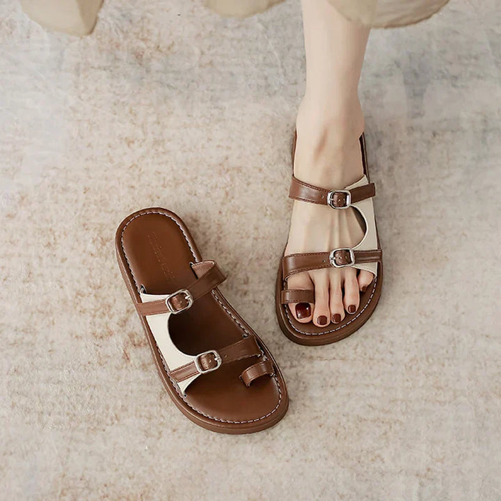 Women's Leather Side Panel Flats with Dual Buckle Detail