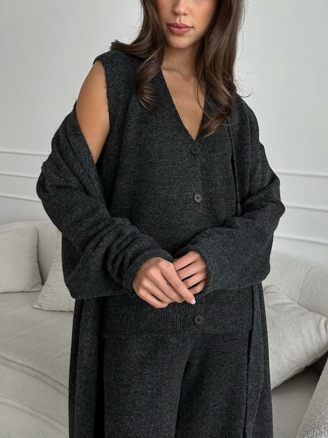 Women's Three-Piece Knit Set – Cardigan– Shirt & Trousers – view 2