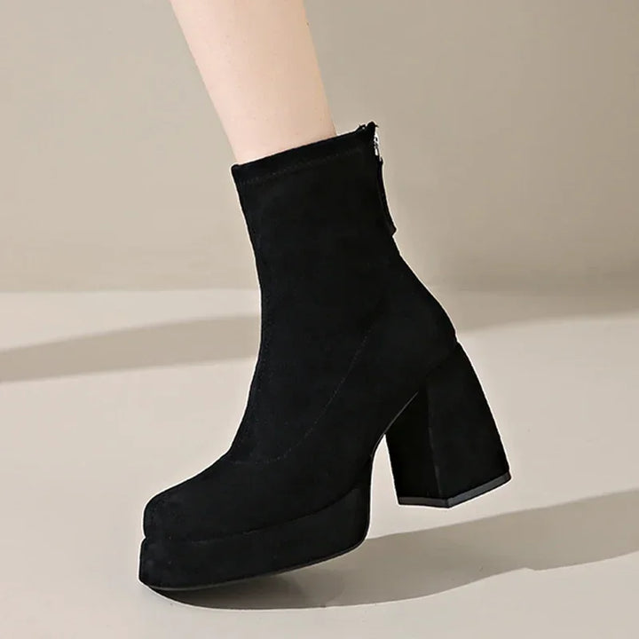 Women's Suede Heeled Ankle Booties – Block Heel, Back Zip