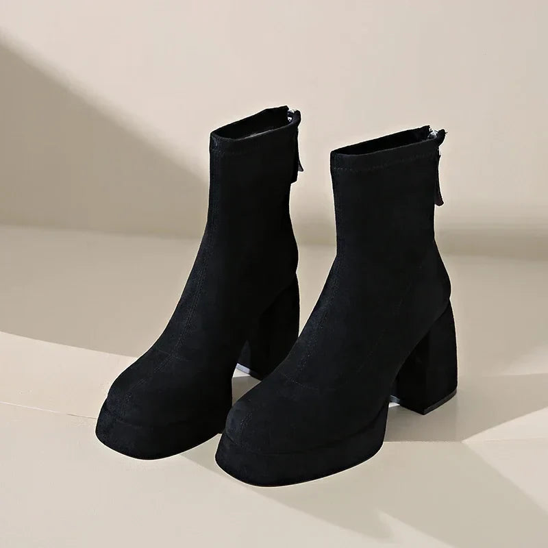 Women's Suede Heeled Ankle Booties – Block Heel, Back Zip