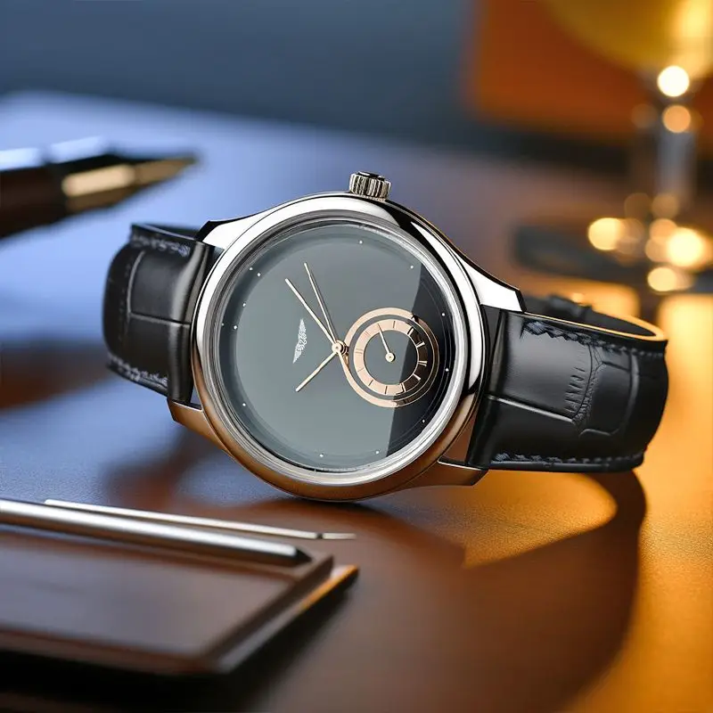 Men's Leather Strap Watch – Rose Gold Detail Quartz Dial – view 8