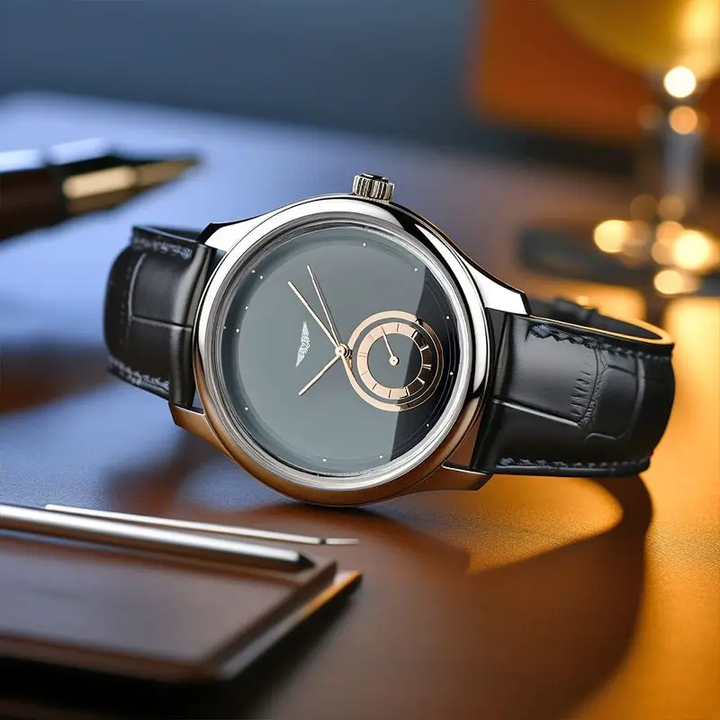 Men's Leather Strap Watch – Rose Gold Detail Quartz Dial – view 8