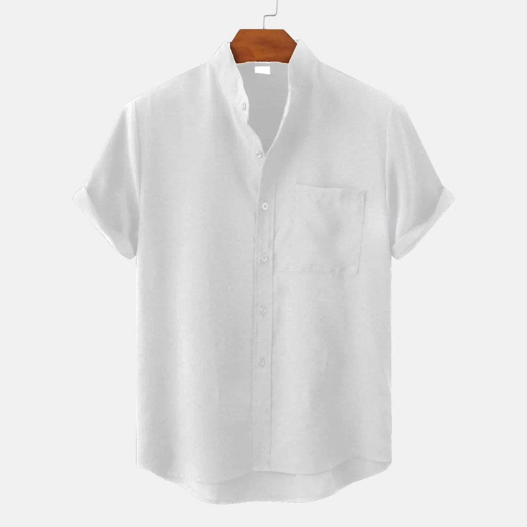 Men's Linen Blend Grandad Collar Shirt – Relaxed Summer Fit – White