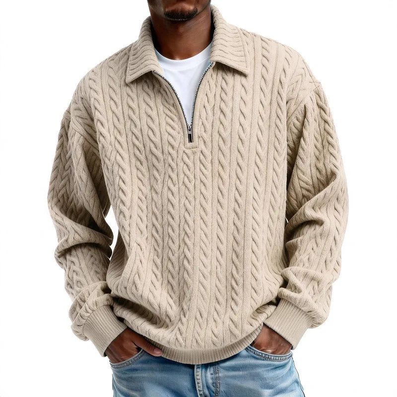 Men's Cable-Knit Quarter-Zip Jumper – Spread Collar Knitwear – Beige