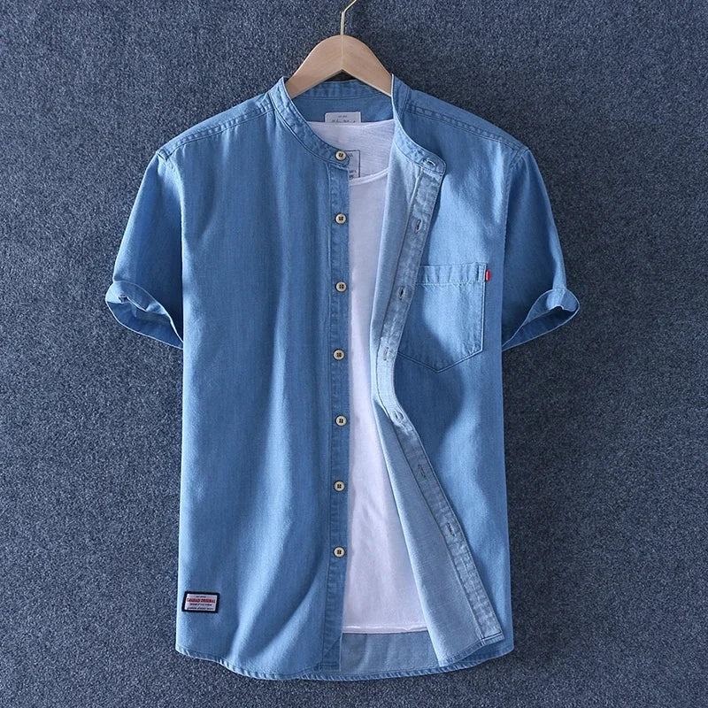 Men's Lightweight Denim Shirt – Short Sleeve Grandad Collar – view 3