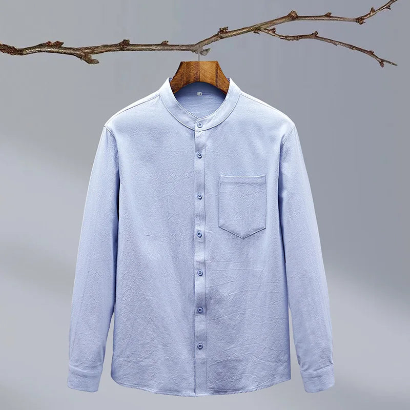 Men's Linen Blend Grandad Collar Shirt – Tailored Summer Fit – view 6